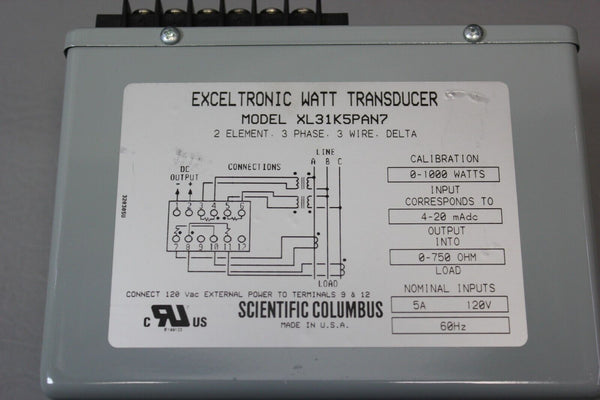 UNUSED SCIENTIFIC COLUMBUS EXCELTRONIC WATT TRANSDUCER XL31K5PAN7