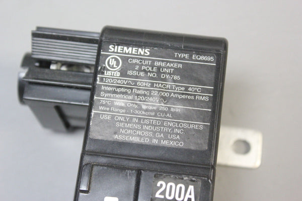 SIEMENS DY-785 200A Circuit Breaker 2 Pole Unit EQ8695