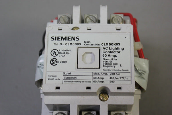 SIEMENS 60A AC LIGHTING CONTACTOR CLM0D03