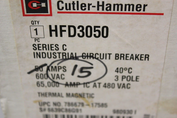 UNUSED CUTLER HAMMER 15A INDUSTRIAL CIRCUIT BREAKER HFD3015L