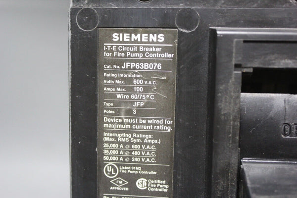 SIEMENS FIRE PUMP CONTROLLER 600A CIRCUIT BREAKER WITH TRIP UNIT  P/N: JFP63B076