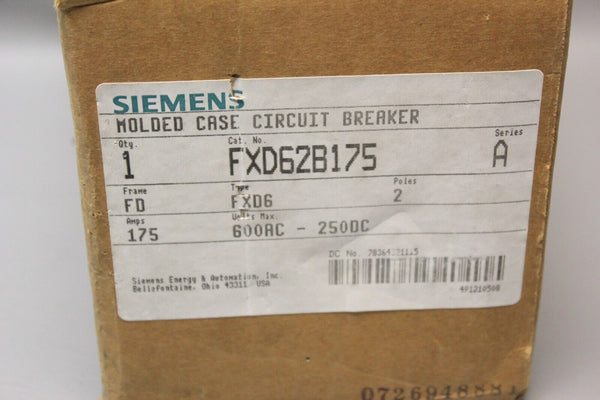 NEW SIEMENS 175A MOLDED CASE CIRCUIT BREAKER FXD62B175