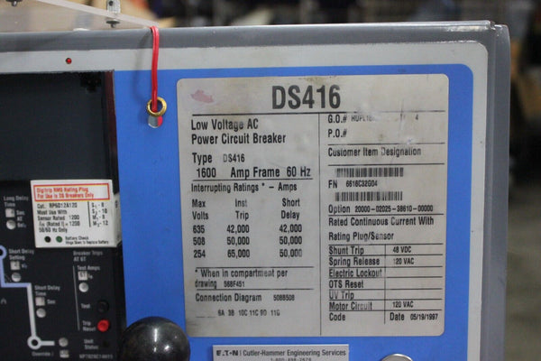 CUTLER HAMMER 1200A LOW VOLTAGE AC POWER CIRCUIT BREAKER WITH DIGITRIP DS416