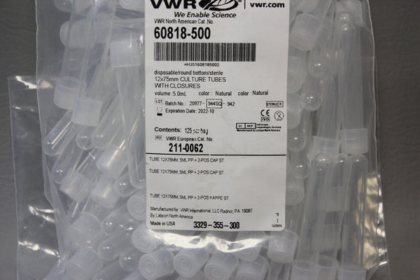 VWR 60818-500 12x75mm Culture Tubes w/ Closure Caps 5ml 125 Tubes Exp 10-22