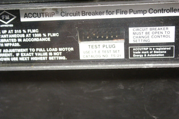 SIEMENS FIRE PUMP CONTROLLER 600A CIRCUIT BREAKER WITH TRIP UNIT  P/N: JFP63B076