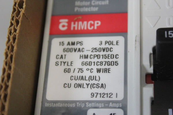 NEW CUTLER HAMMER 15A INDUSTRIAL CIRCUIT BREAKER  HMCP015E0C